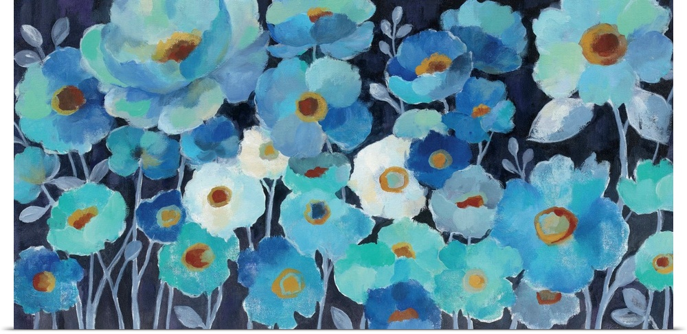 Contemporary painting of various blue toned flowers together.