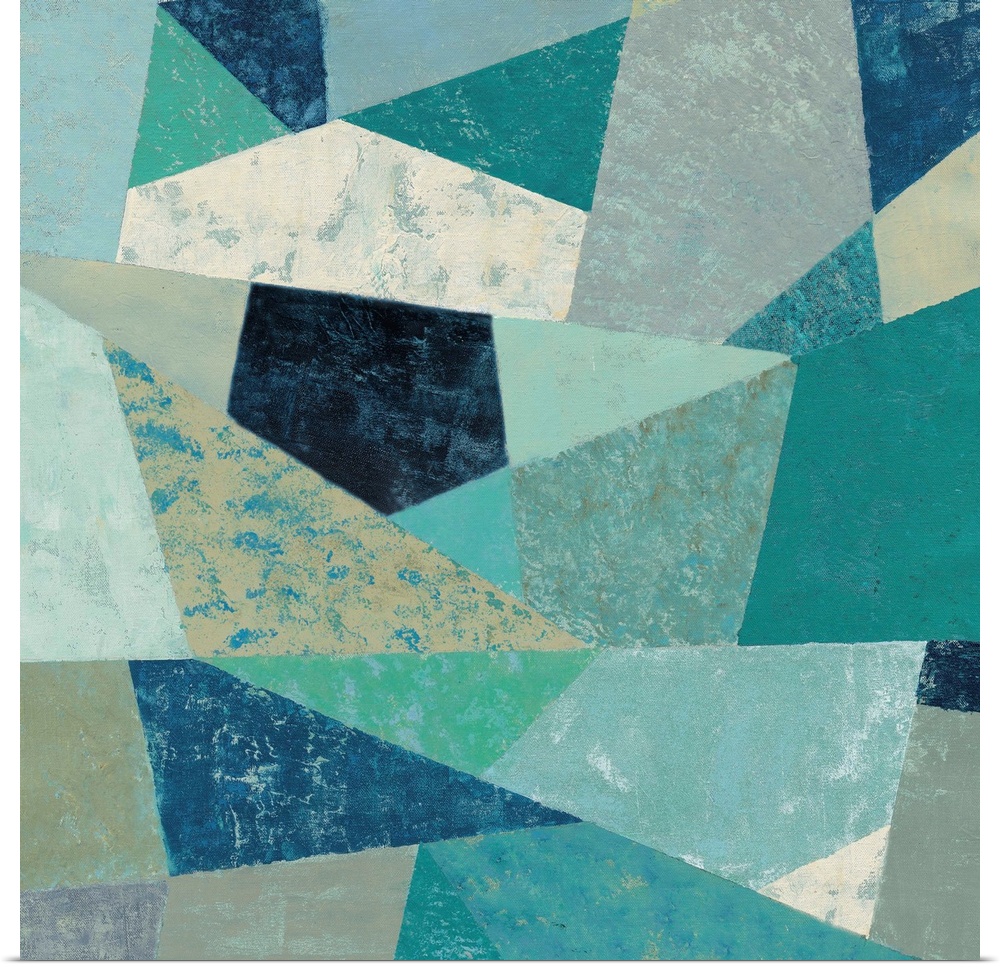 Contemporary geometric artwork using cool green and blue colors with a retro mid-century vibe.