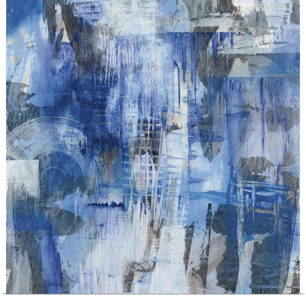 Square abstract painting with blue, gray, and white hues creating different shapes and layers of busy brushstrokes and lin...