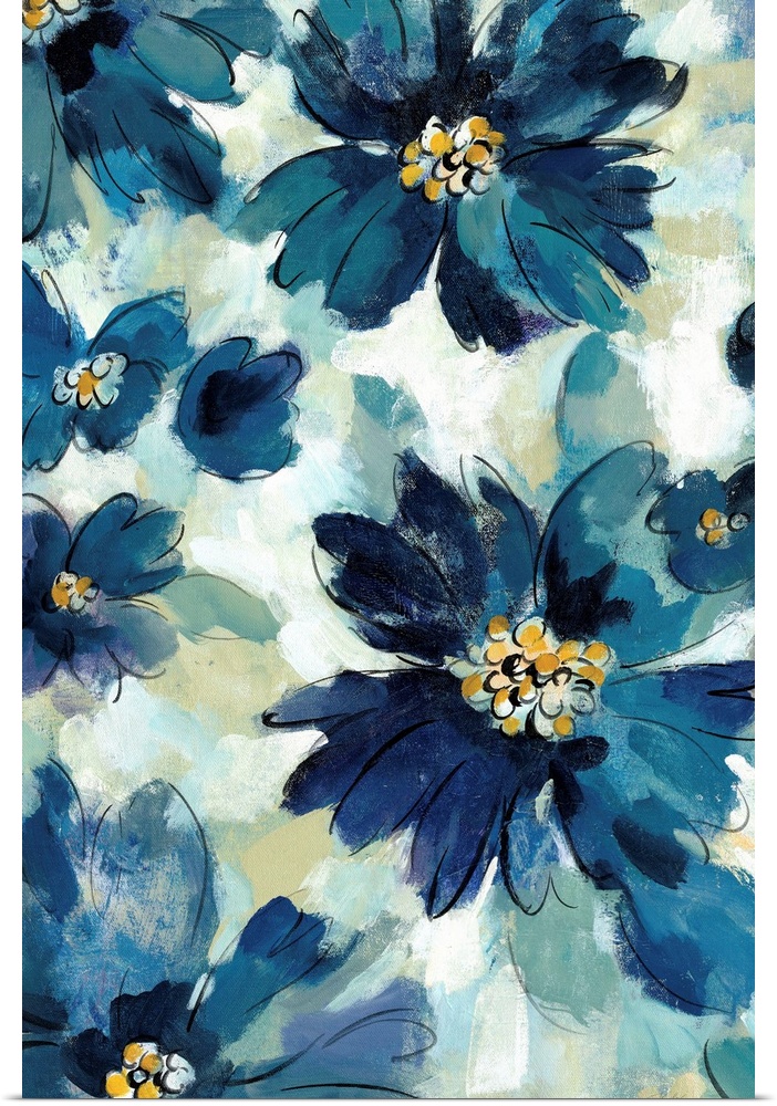 Abstract painting of blue flowers with golden pistils on a beige, blue, and white background made up of small brushstrokes.