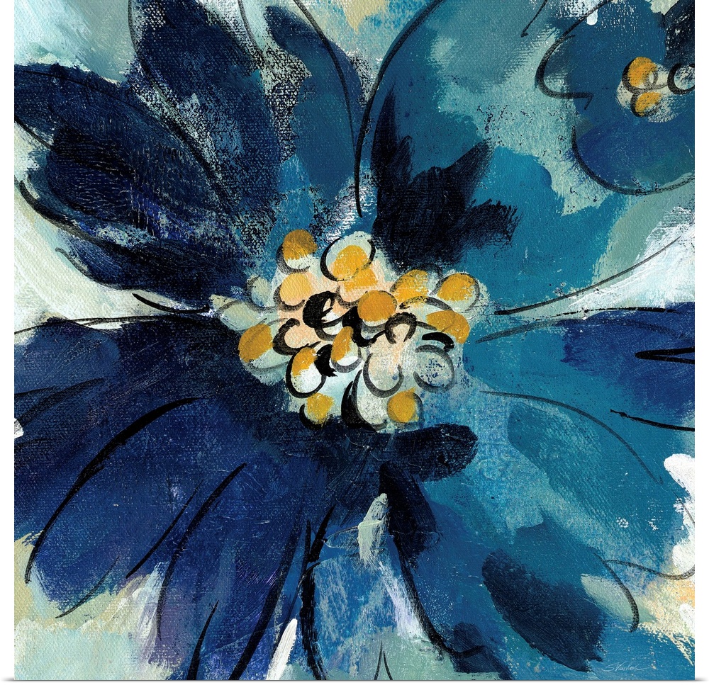 Square painting of one large blue flower and part of a small blue flower, both with gold pistils.
