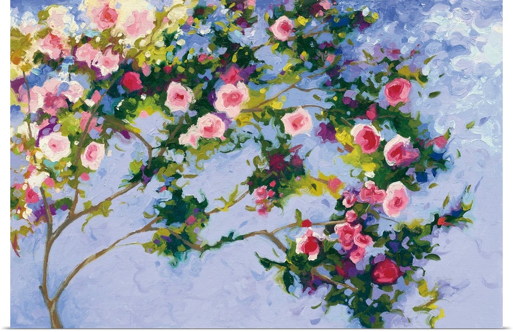 Contemporary painting of garden colorful flowers in against a blue background.
