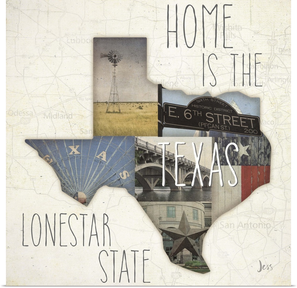 Several scenes in Texas in the outline of the state with "Home is the Lonestar State."
