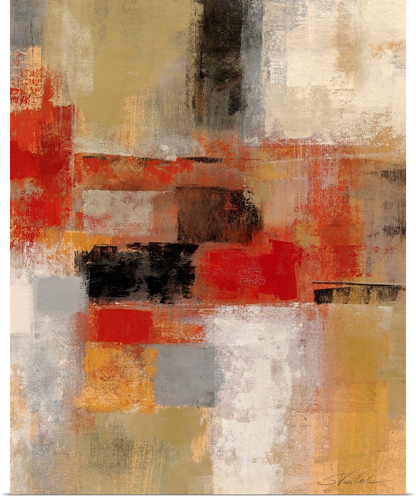 Huge distressed abstract art includes patches of darker warm tones in the center portion of this canvas art that have been...