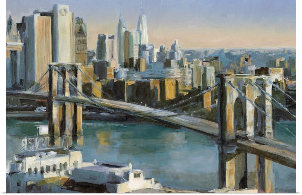 Big canvas painting of a bridge leading into New York City at sunrise.