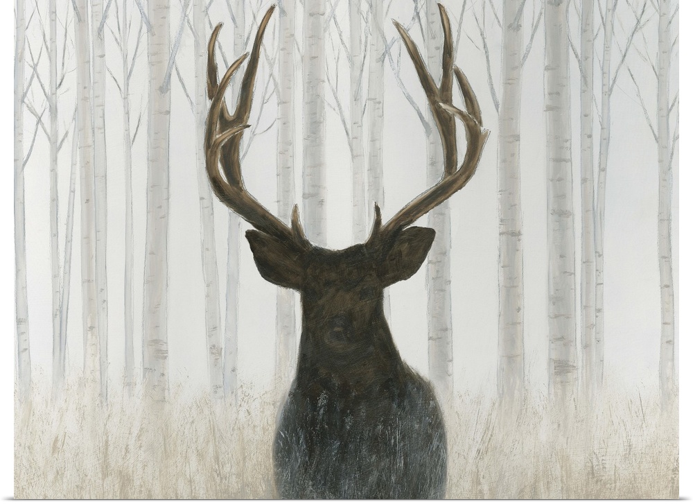 Contemporary painting of a deer silhouette with large antlers in a light forest.