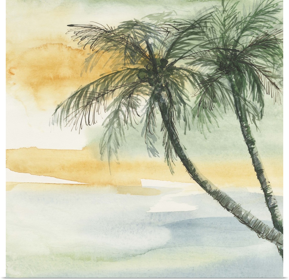 Contemporary watercolor painting of palm trees against a tropical colored background.