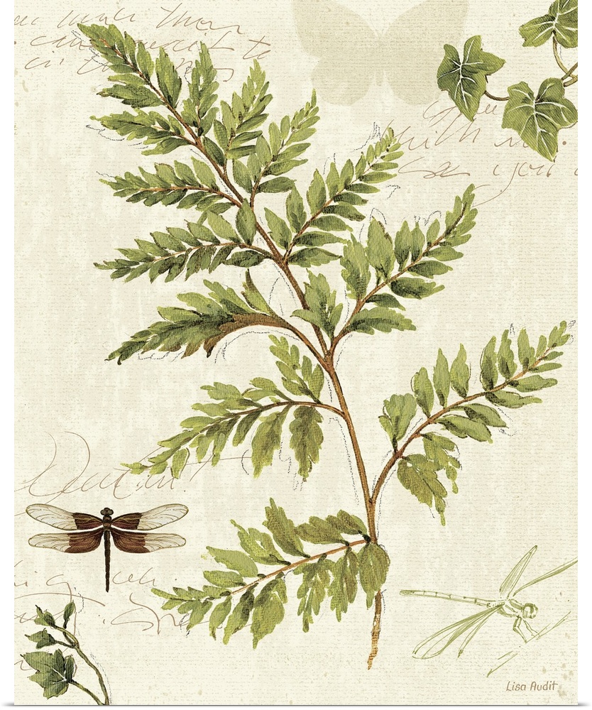Large canvas of a painted dragonfly and fern on top of a neutral background with text overlaid.