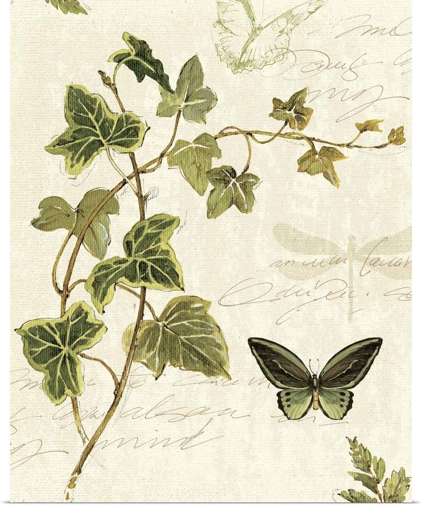 Large painting of leaves with writing and butterflies on top of a washed out background.