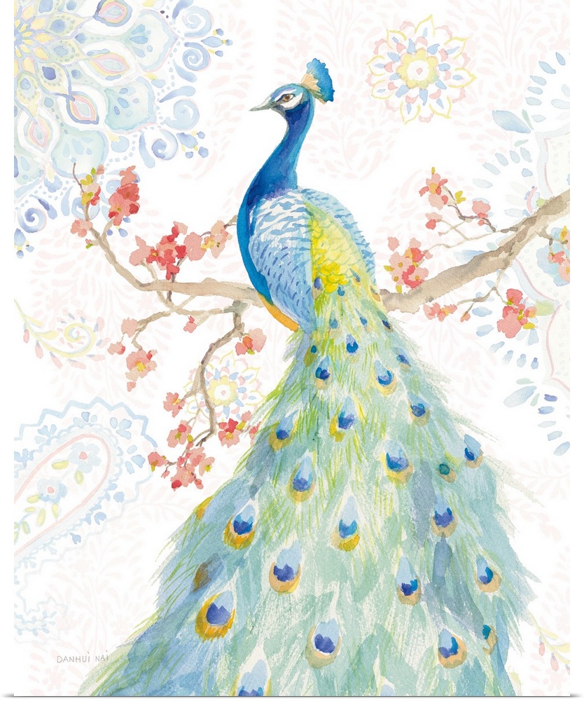 Contemporary artwork featuring a watercolor peacock resting on a branch with mandala designs in the background.