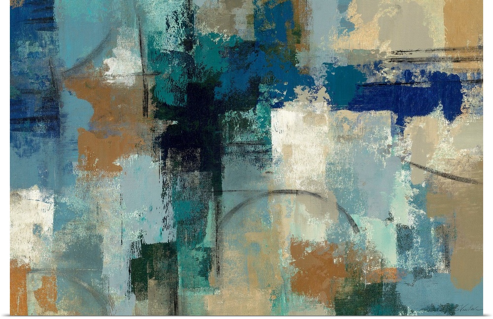 Abstract artwork that consists of neutral and cool colors patched together in no particular pattern.