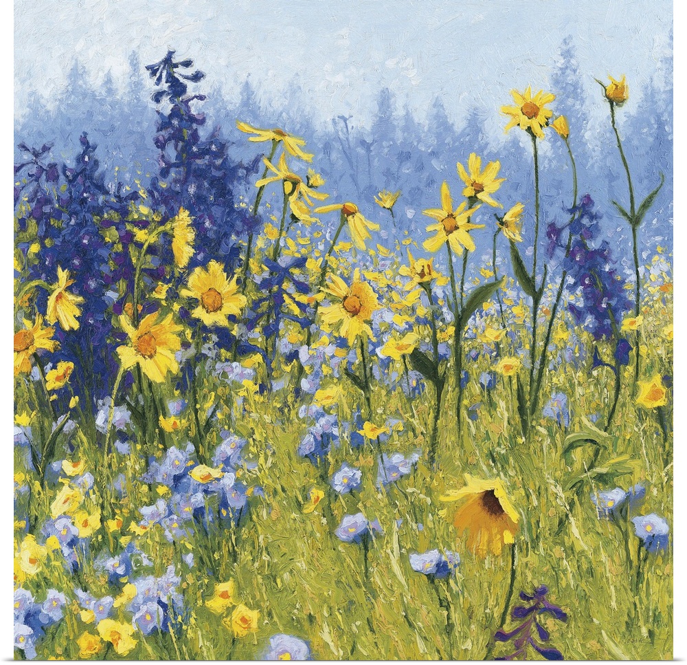 Contemporary painting of a field of wildflowers with blue, green, purple, and yellow hues.