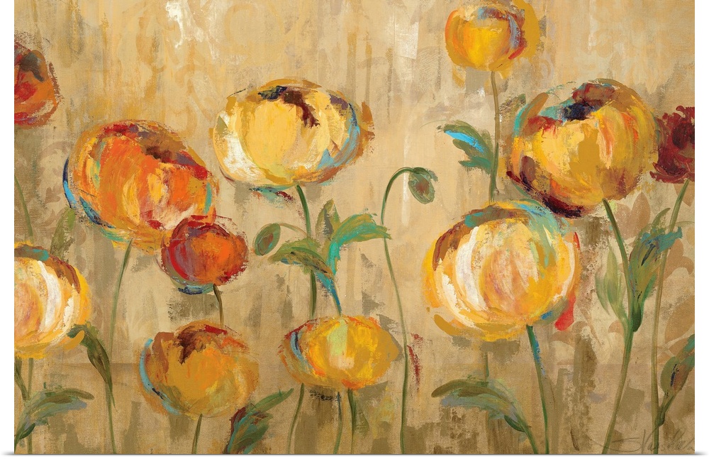 Big painting of blooming ranunculi flowers and stems. Warm tones dominate with a rough texture.