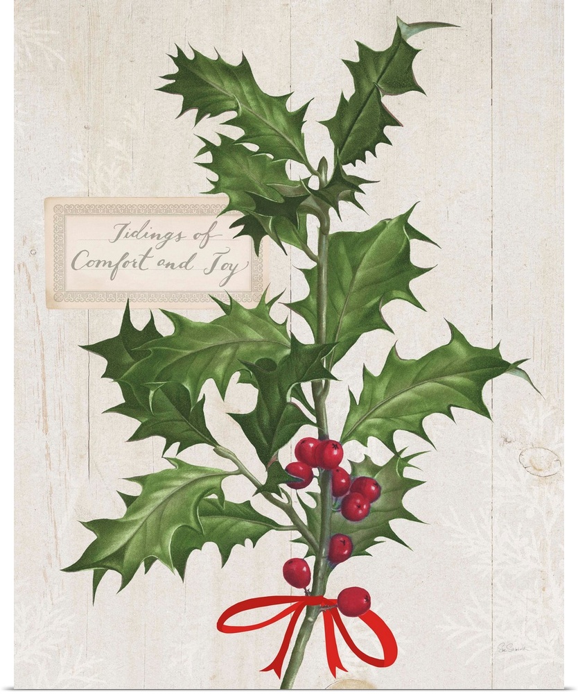 Decorative artwork of holly with the words "Tidings of Comfort and Joy" on a white wood background.