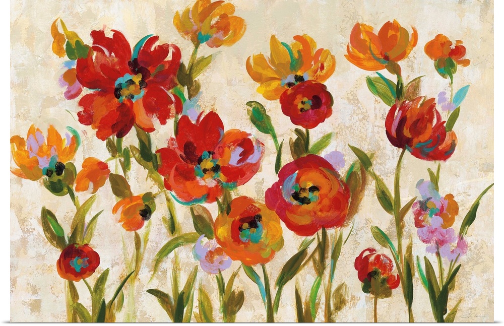 Rectangular contemporary painting of colorful red and orange flowers on a beige and cream colored background.
