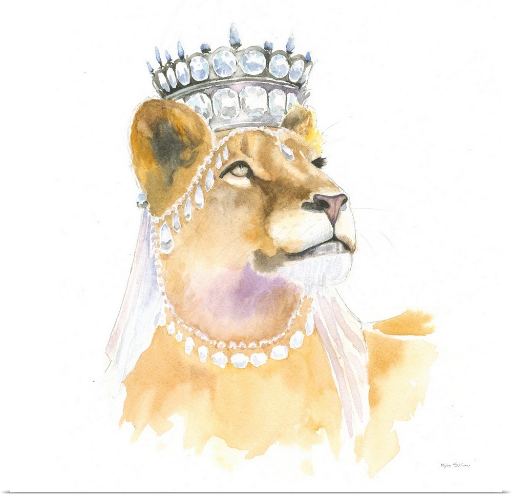 Square watercolor painting of a lioness wearing a crown and jewels.