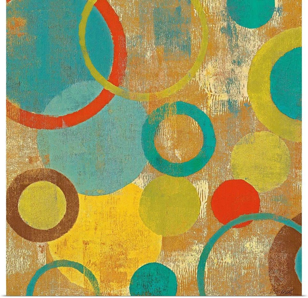 Contemporary painting of overlapping circles and loops varying in color and size on an abstract background.