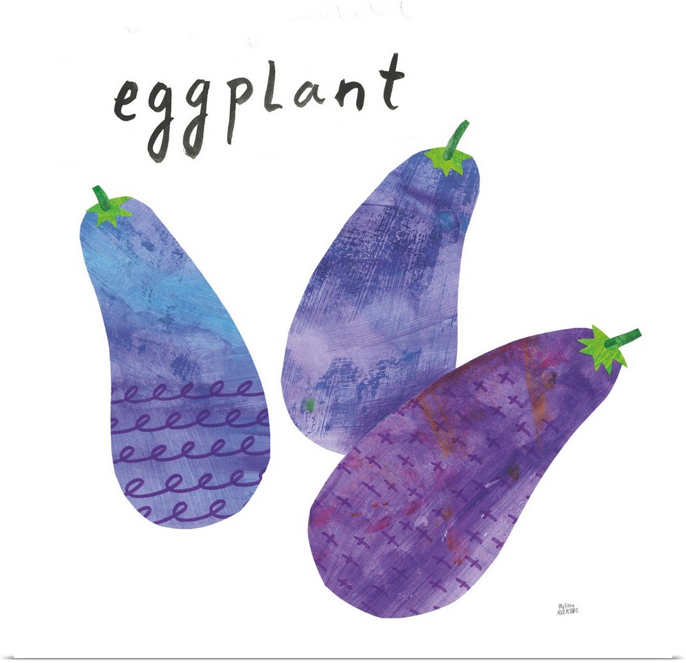 Square contemporary design of eggplants with a collage style quality.
