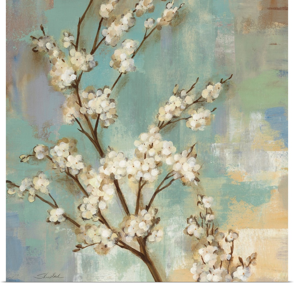 Square painting on canvas of tree branches with blossoms on it against a pastel colored background with wide brush stroke ...