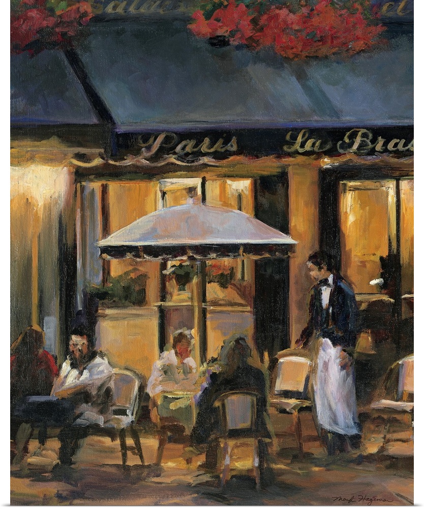 Painting of street cafo with people sitting outside at tables at night with waiter attending to them.