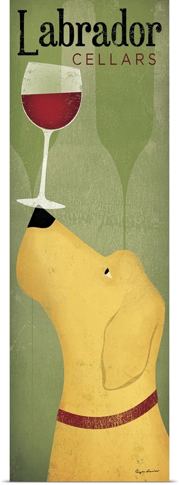 This large vertical piece is a contemporary painting of a yellow lab holding a glass of red wine on it's nose.
