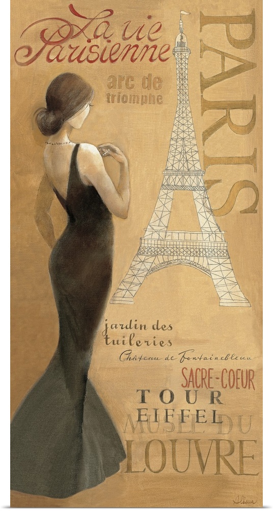 A contemporary piece of artwork with a drawing of the Eiffel tower and a tall brunette woman with a black gown facing towa...