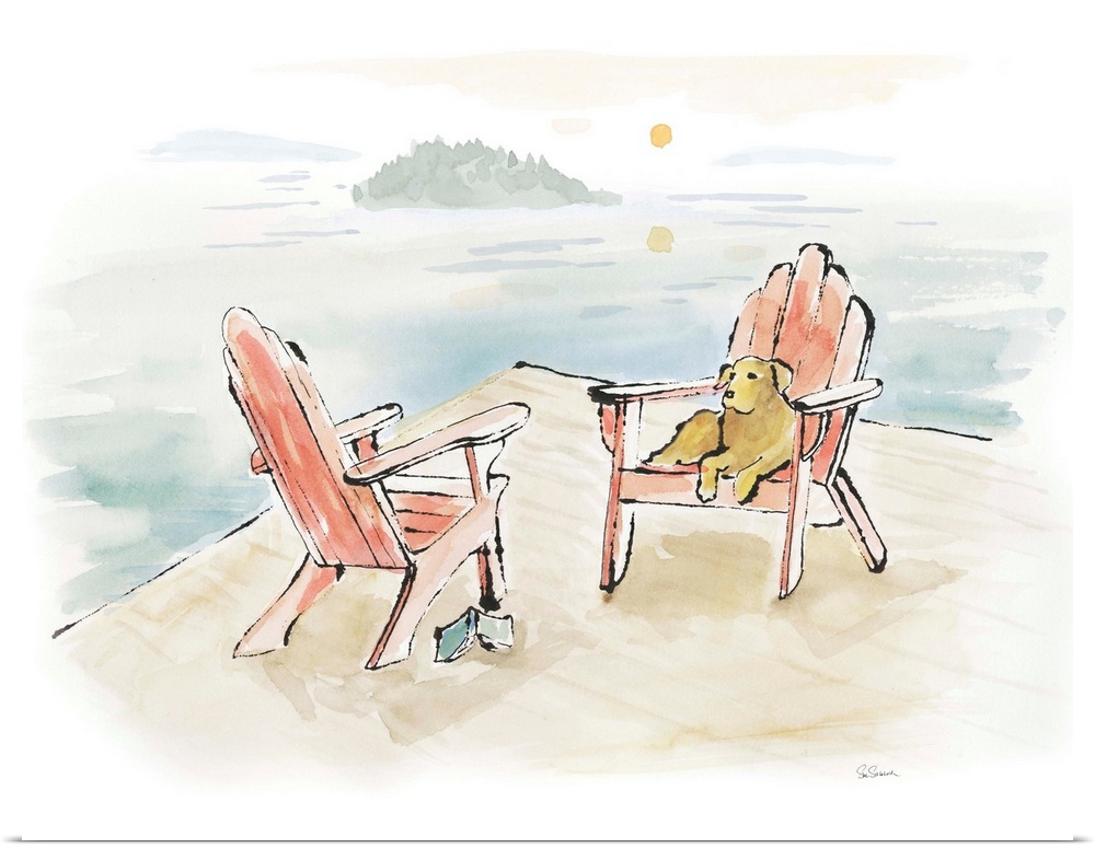 Watercolor painting of a yellow lab relaxing on a chair at the lake.