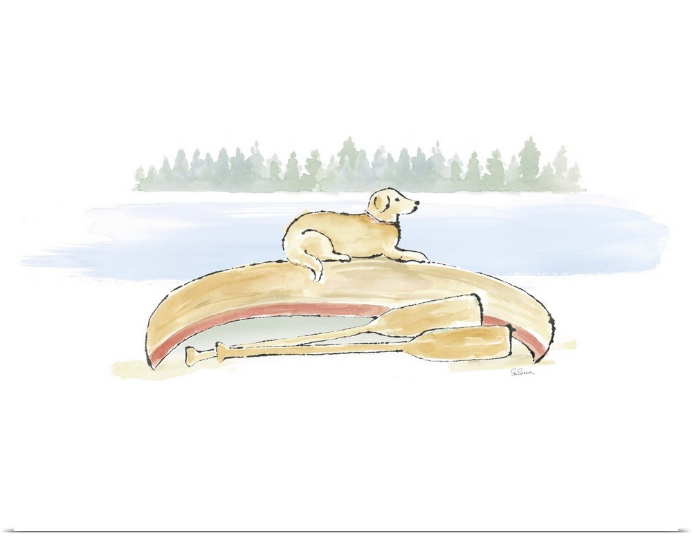 Watercolor painting of a yellow lab on top of a canoe next to the lake.
