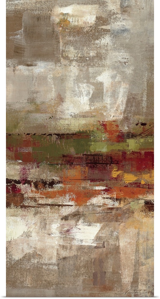 Contemporary abstract vertical panoramic painting.  Brushes of various eroded colors overlain.