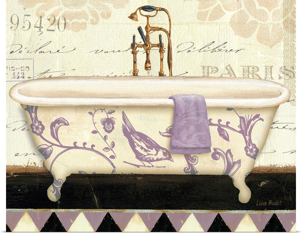 Contemporary artwork of a floral decorated bathtub, against a floral and text background.