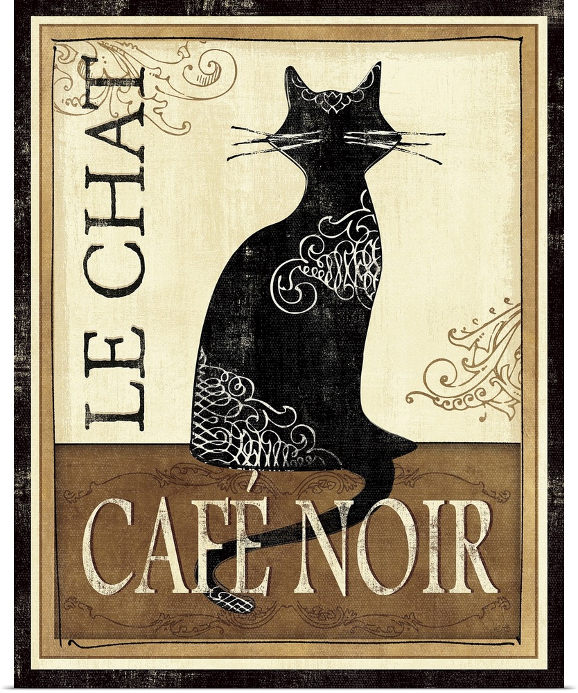 Artwork with a cat's silhouette sitting on a table with the text "Cafo Noir" overlapping its tale.  The cat's silhouette i...