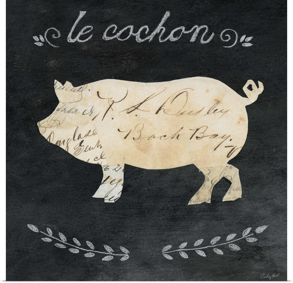 Artwork of a pig cameo against a chalkboard background.