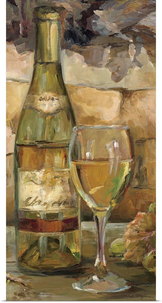 Vertical panoramic painting of wine bottle and glass sitting on counter with stone background.