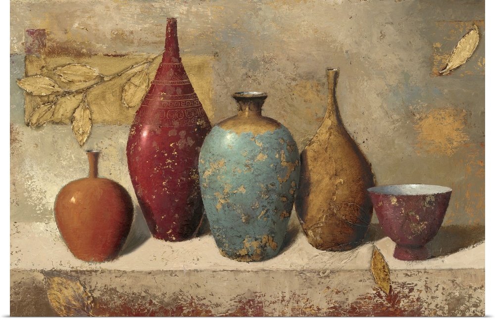 Decorative artwork for the home of different size vases sitting on a stone ledge with golden leaves painted around them.