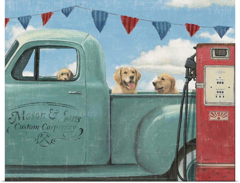 Three dogs sitting in a vintage blue truck at a gas station with a weathered, aged effect overlay.