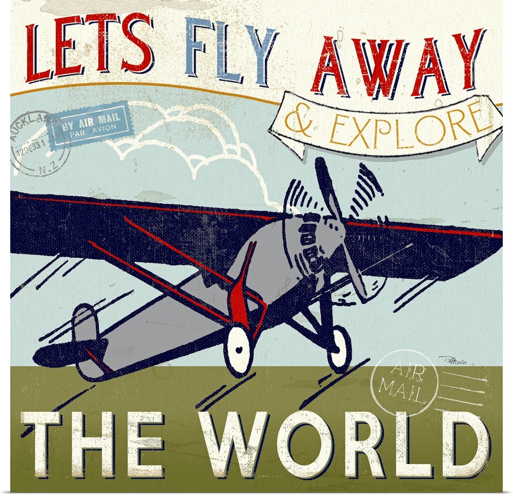 Retro-style graphic of a propeller plane taking off with airmail marks and the text "Let's fly away and explore the world."