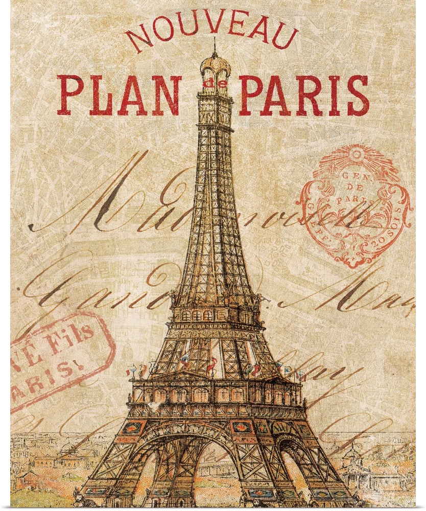 Big illustration portrays a vintage postcard from France that includes the famous landmark found within its capital.  Arou...