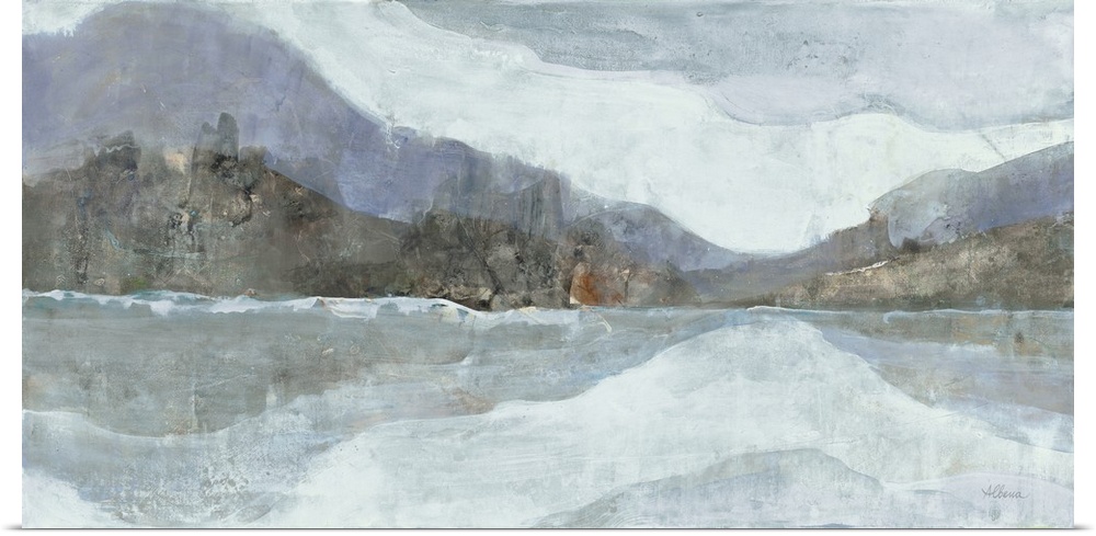 Abstract painting of a mountainous Winter landscape with a lake in the foreground, in cool tones.