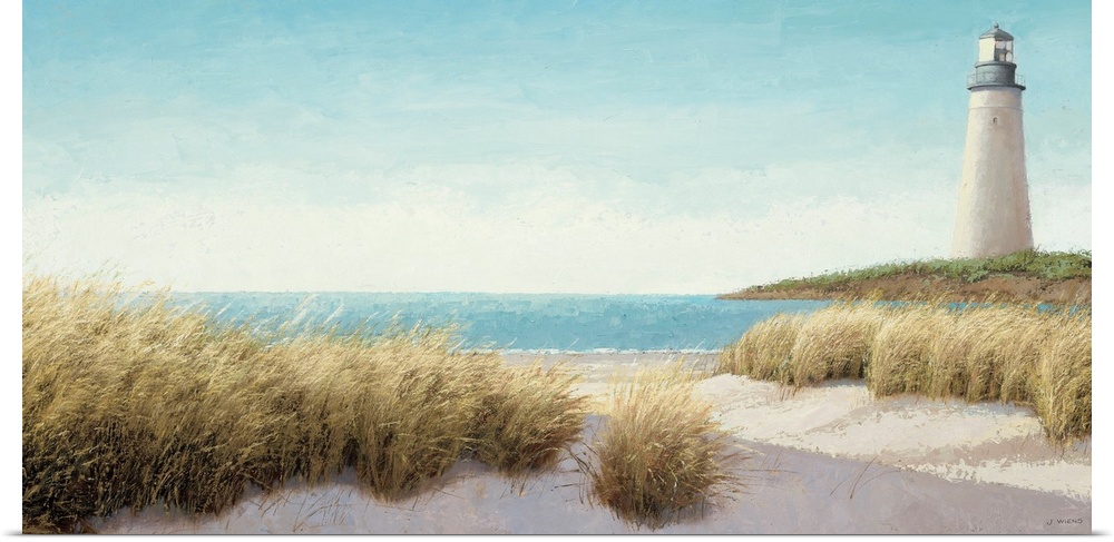 Horizontal, large wall picture of grasses blowing on the beach.  A lighthouse in the distance, next to blue waters.