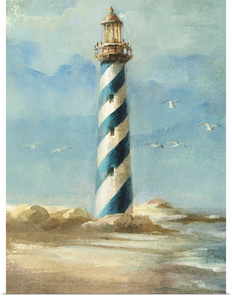 Contemporary painting of a blue spiral striped lighthouse in a coastal scene.