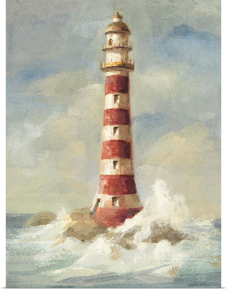 Contemporary painting of a red striped lighthouse with crashing waves at the base.