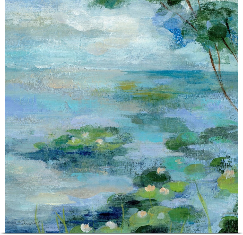 Contemporary painting of green lilypads in a calm blue pond.