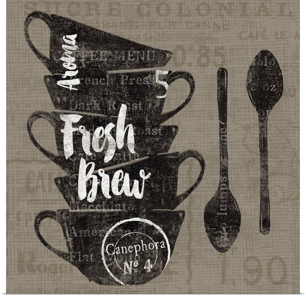 Coffee mug design with handlettered text.