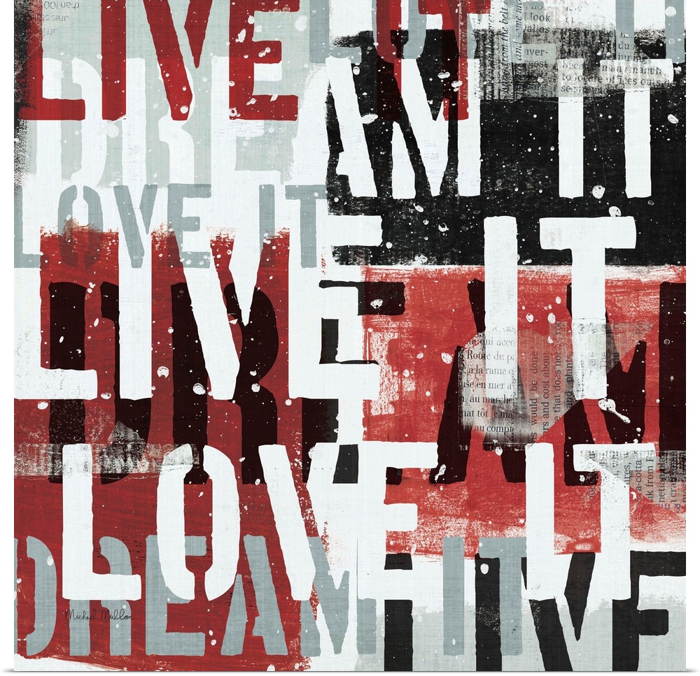 Contemporary artwork of different words in a stencil style overlapping each other, covering the entire image.