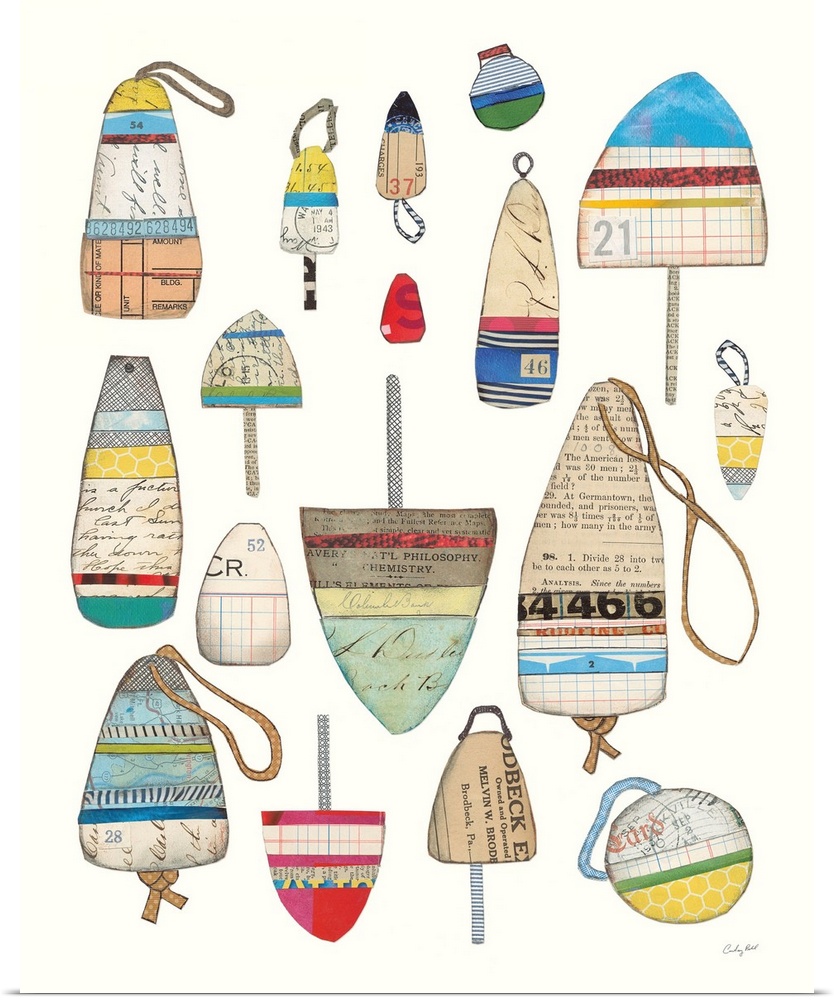 Fishing buoys made with mixed media on a white background.