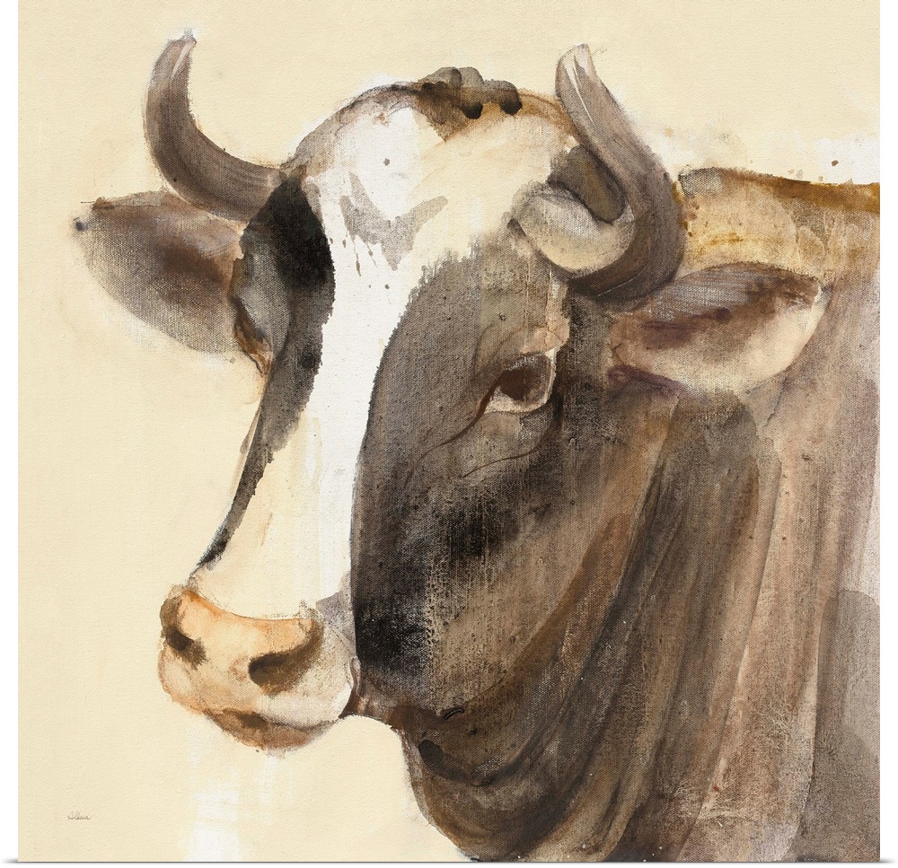 Square contemporary painting of a bull in warm tones of color.