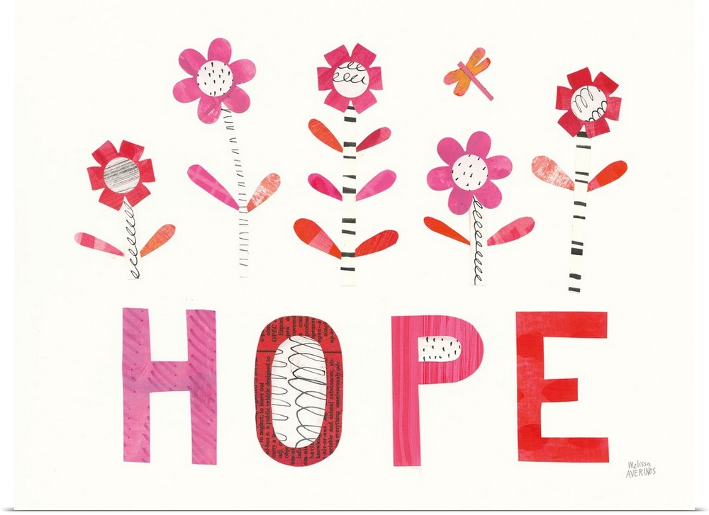 Inspirational mixed media artwork with flowers and the word "Hope" in warm tones.