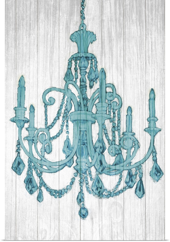 Contemporary artwork of a teal chandelier against a gray background.