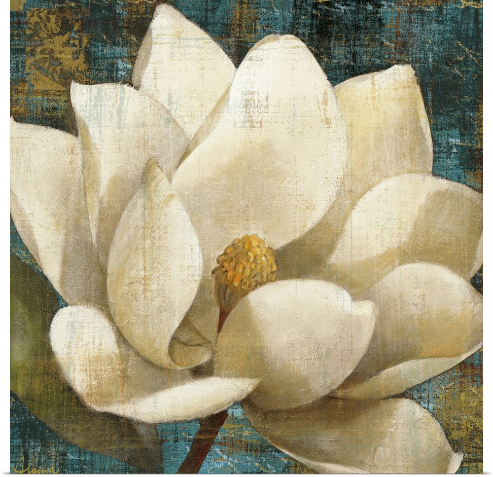 A large magnolia is painted against a rustic blue background with a distressed look over the entire piece.