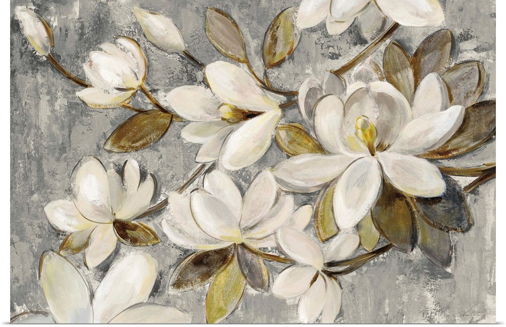 Contemporary painting of magnolia flowers on a textured gray and cream colored background.
